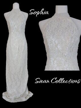 Sean Collection 64" Long White Lace Halter Wedding Gown 10